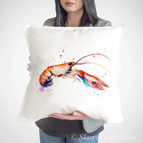 Crawfish Art Pillow Cover, Watercolor Cushion 50 × 50 cm Crawfish watercolor painting printed on a 50 x 50 cm cotton art pillow cover by Slaveika Aladjova