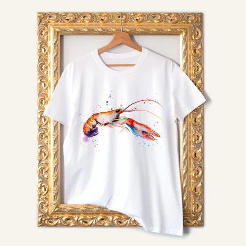 Crawfish watercolor painting printed on a white cotton T-shirt by Slaveika Aladjova