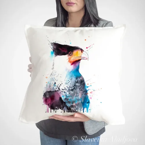 Crested Caracara Art Pillow Cover, Watercolor Cushion 50 × 50 cm Crested Caracara watercolor painting printed on a 50 x 50 cm cotton art pillow cover by Slaveika Aladjova