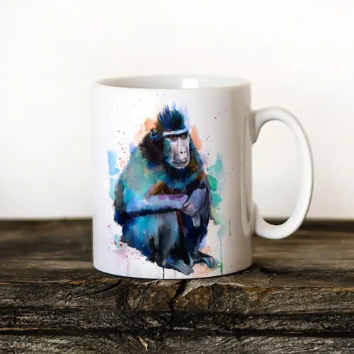 Crested Macaque Art Mug, Watercolor Ceramic Mug 11 oz Crested Macaque watercolor painting printed on an 11 oz ceramic art mug by Slaveika Aladjova
