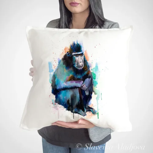 Crested Macaque Art Pillow Cover, Watercolor Cushion 50 × 50 cm Crested Macaque watercolor painting printed on a 50 x 50 cm cotton art pillow cover by Slaveika Aladjova