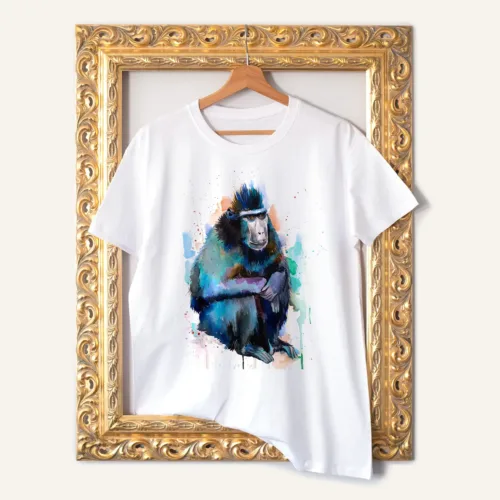 Crested Macaque T-Shirt, Watercolor Art Tee Crested Macaque watercolor painting printed on a white cotton T-shirt by Slaveika Aladjova