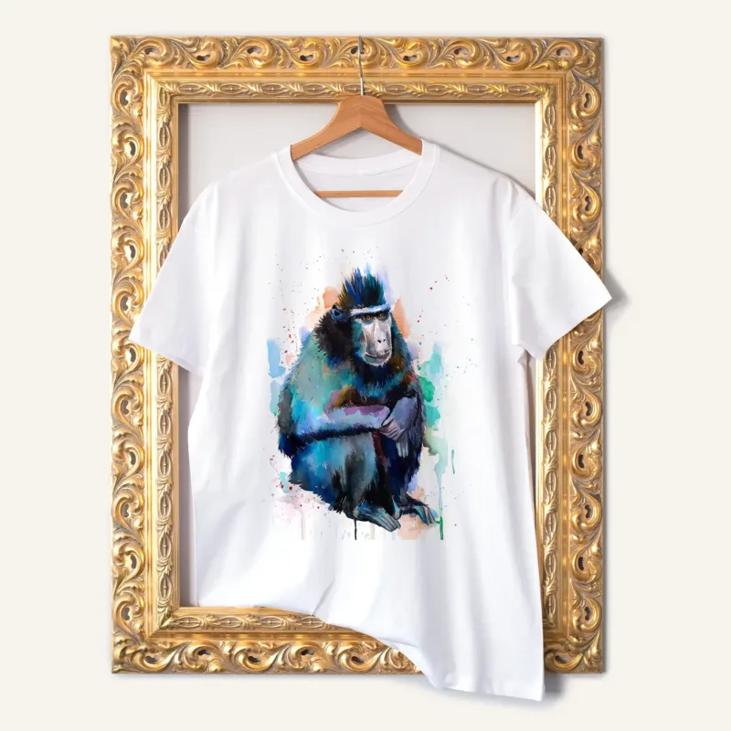 Crested Macaque watercolor painting printed on a white cotton T-shirt by Slaveika Aladjova