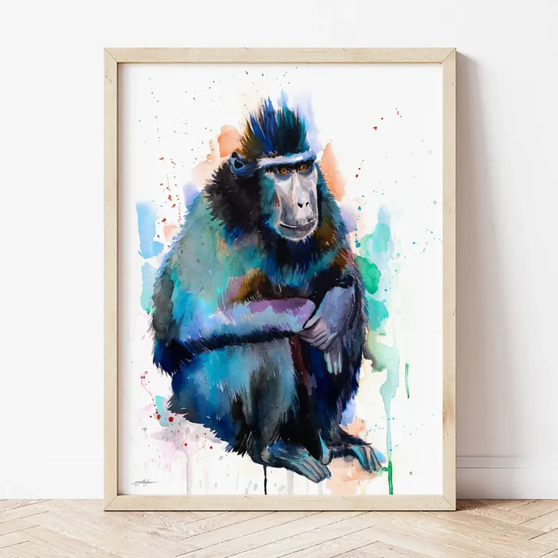 Crested Macaque watercolor painting the artwork on the T-shirt by Slaveika Aladjova