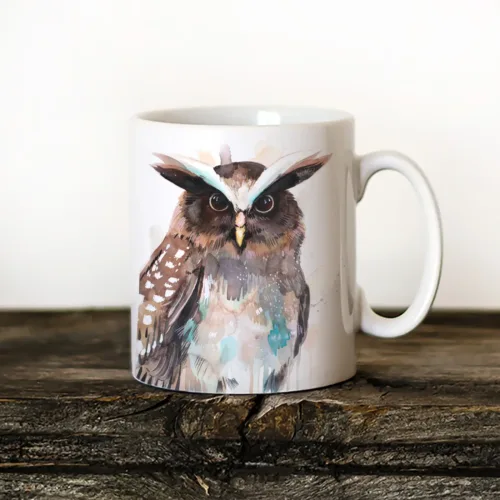 Crested Owl Art Mug, Watercolor Ceramic Mug 11 oz Crested Owl watercolor painting printed on an 11 oz ceramic art mug by Slaveika Aladjova