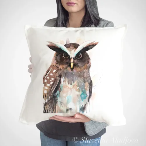 Crested Owl Art Pillow Cover, Watercolor Cushion 50 × 50 cm Crested Owl watercolor painting printed on a 50 x 50 cm cotton art pillow cover by Slaveika Aladjova
