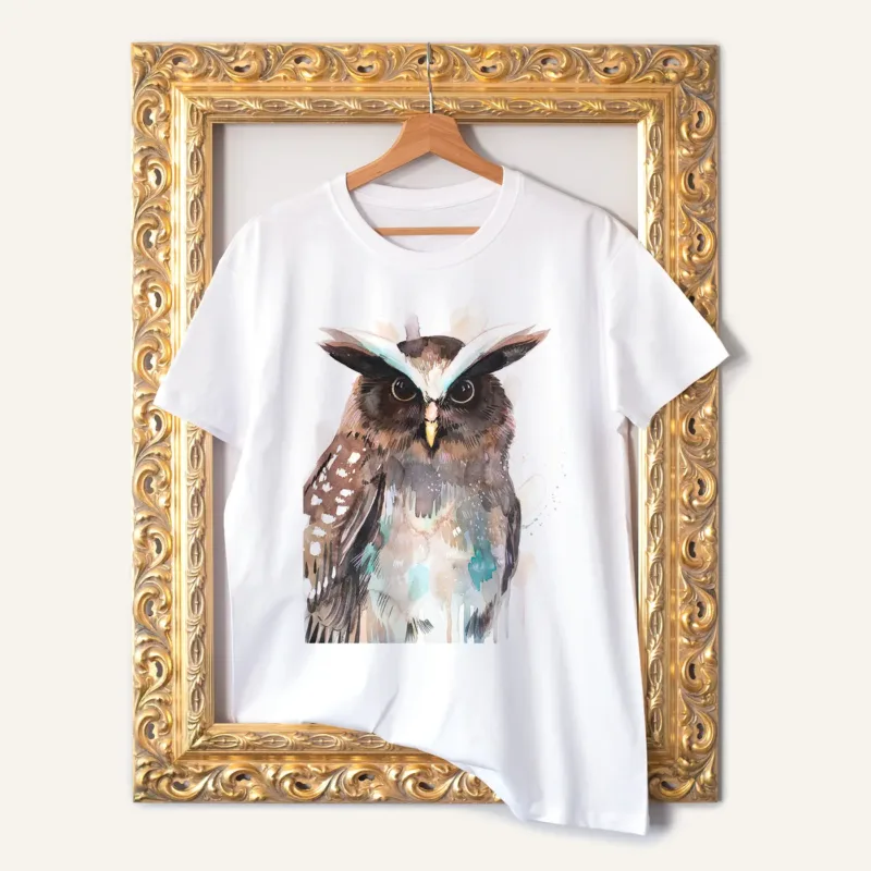 Crested Owl watercolor painting printed on a white cotton T-shirt by Slaveika Aladjova