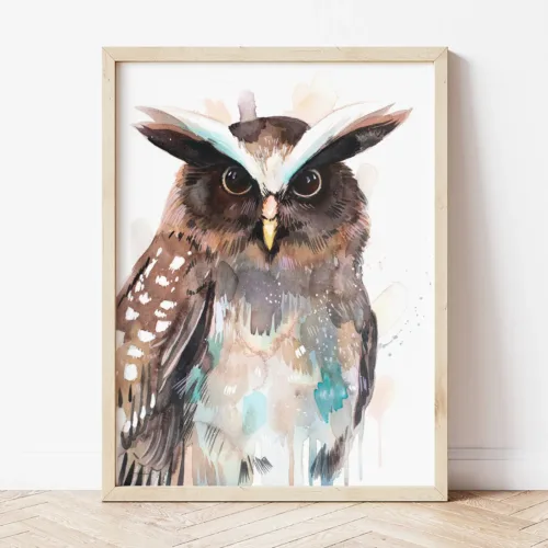 Crested Owl watercolor painting the artwork on the T-shirt by Slaveika Aladjova