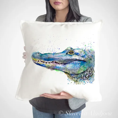 Crocodile watercolor painting printed on a 50 x 50 cm cotton art pillow cover by Slaveika Aladjova