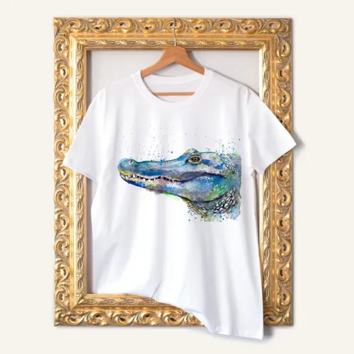 Crocodile T-Shirt, Watercolor Art Tee Crocodile watercolor painting printed on a white cotton T-shirt by Slaveika Aladjova