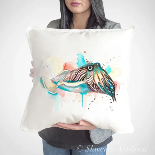 Cuttlefish Art Pillow Cover, Watercolor Cushion 50 × 50 cm Cuttlefish watercolor painting printed on a 50 x 50 cm cotton art pillow cover by Slaveika Aladjova
