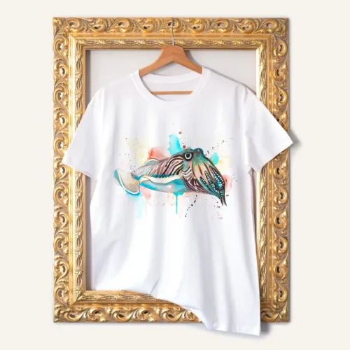 Cuttlefish T-Shirt, Watercolor Art Tee Cuttlefish watercolor painting printed on a white cotton T-shirt by Slaveika Aladjova