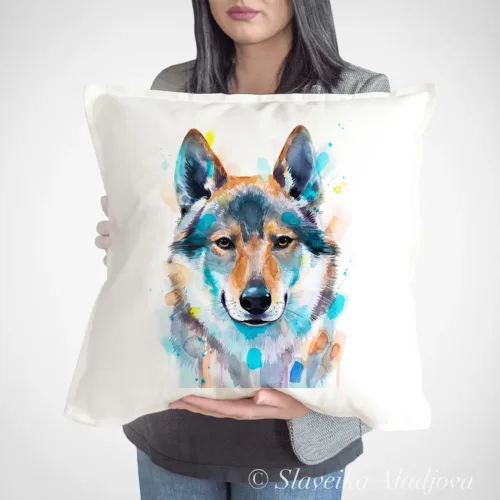 Czechoslovakian Wolfdog Art Pillow Cover, Watercolor Cushion 50 × 50 cm Czechoslovakian Wolfdog watercolor painting printed on a 50 x 50 cm cotton art pillow cover by Slaveika Aladjova