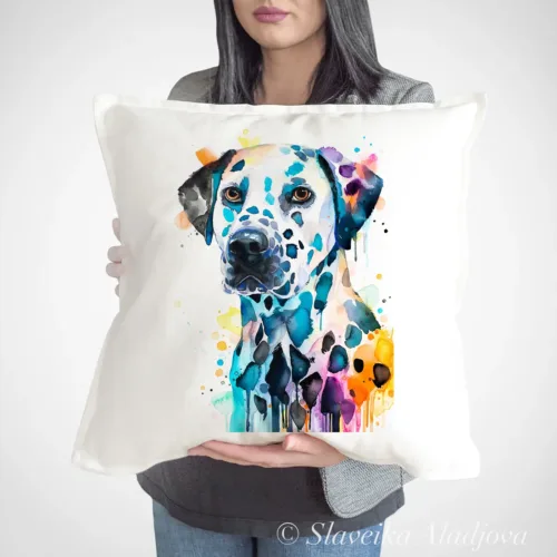 Dalmatian Art Pillow Cover, Watercolor Cushion 50 × 50 cm Dalmatian watercolor painting printed on a 50 x 50 cm cotton art pillow cover by Slaveika Aladjova
