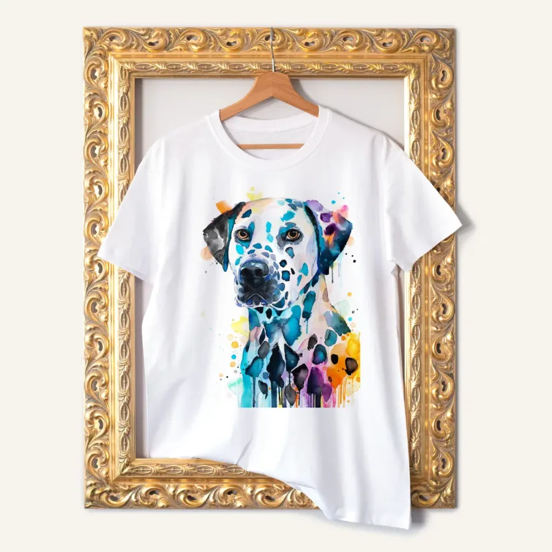 Dalmatian watercolor painting printed on a white cotton T-shirt by Slaveika Aladjova