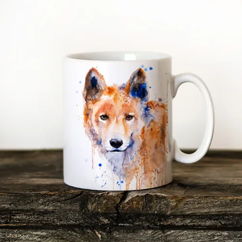 Dingo Art Mug, Watercolor Ceramic Mug 11 oz Dingo watercolor painting printed on an 11 oz ceramic art mug by Slaveika Aladjova
