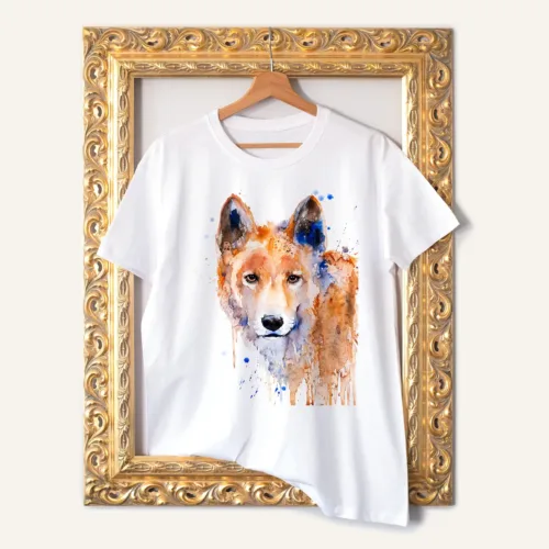 Dingo T-Shirt, Watercolor Art Tee Dingo watercolor painting printed on a white cotton T-shirt by Slaveika Aladjova
