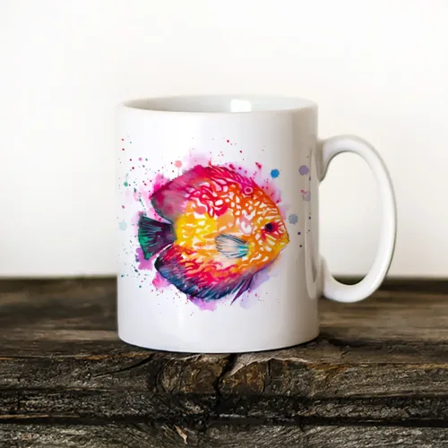 Discus Fish Art Mug, Watercolor Ceramic Mug 11 oz Discus Fish watercolor painting printed on an 11 oz ceramic art mug by Slaveika Aladjova