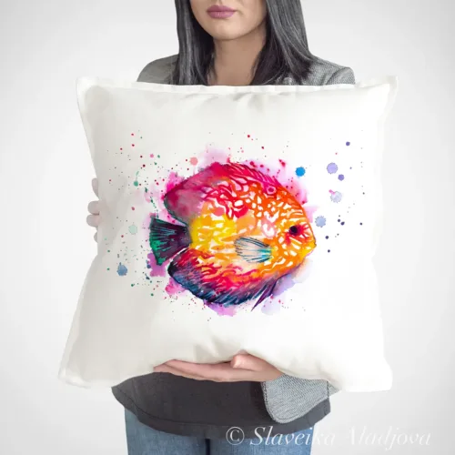 Discus Fish Art Pillow Cover, Watercolor Cushion 50 × 50 cm Discus Fish watercolor painting printed on a 50 x 50 cm cotton art pillow cover by Slaveika Aladjova