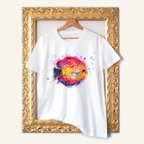 Discus Fish T-Shirt, Watercolor Art Tee Discus Fish watercolor painting printed on a white cotton T-shirt by Slaveika Aladjova
