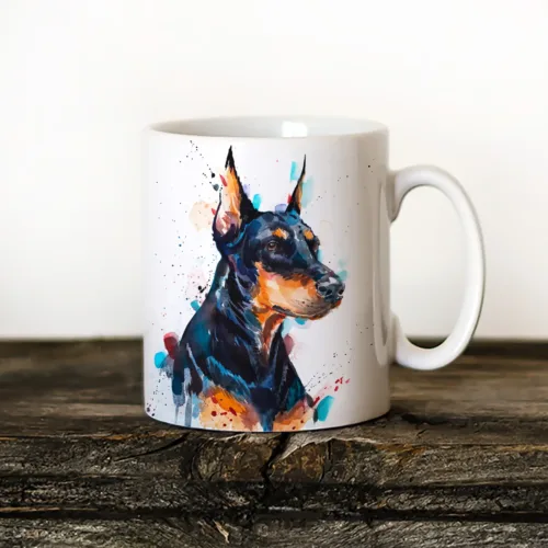 Doberman watercolor painting printed on an 11 oz ceramic art mug by Slaveika Aladjova