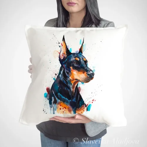 Doberman Art Pillow Cover, Watercolor Cushion 50 × 50 cm Doberman watercolor painting printed on a 50 x 50 cm cotton art pillow cover by Slaveika Aladjova