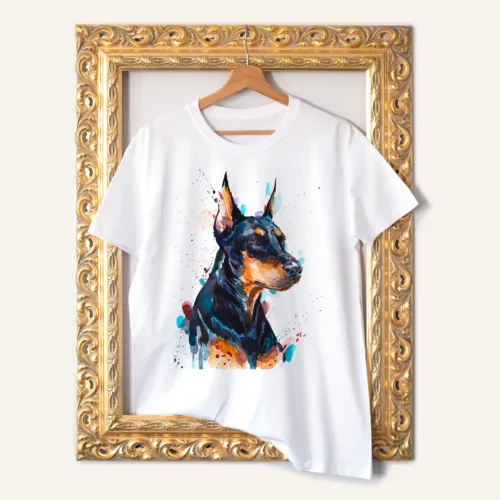 Doberman watercolor painting printed on a white cotton T-shirt by Slaveika Aladjova