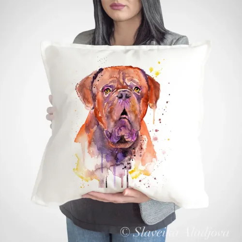 Dogue de Bordeaux Art Pillow Cover, Watercolor Cushion 50 × 50 cm Dogue de Bordeaux watercolor painting printed on a 50 x 50 cm cotton art pillow cover by Slaveika Aladjova