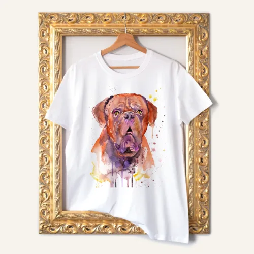 Dogue de Bordeaux T-Shirt, Watercolor Art Tee Dogue de Bordeaux watercolor painting printed on a white cotton T-shirt by Slaveika Aladjova