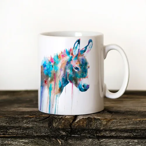 Donkey Art Mug, Watercolor Ceramic Mug 11 oz Donkey watercolor painting printed on an 11 oz ceramic art mug by Slaveika Aladjova