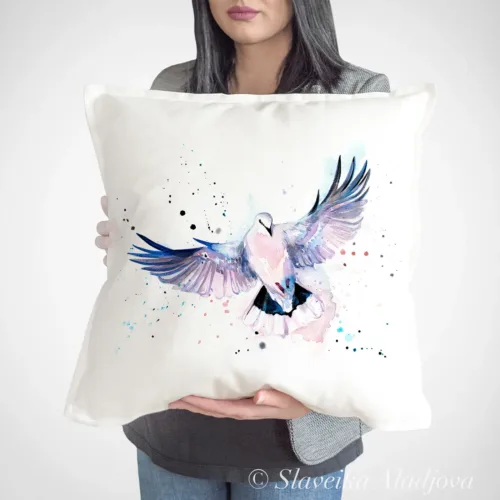 Dove Art Pillow Cover, Watercolor Cushion 50 × 50 cm Dove watercolor painting printed on a 50 x 50 cm cotton art pillow cover by Slaveika Aladjova