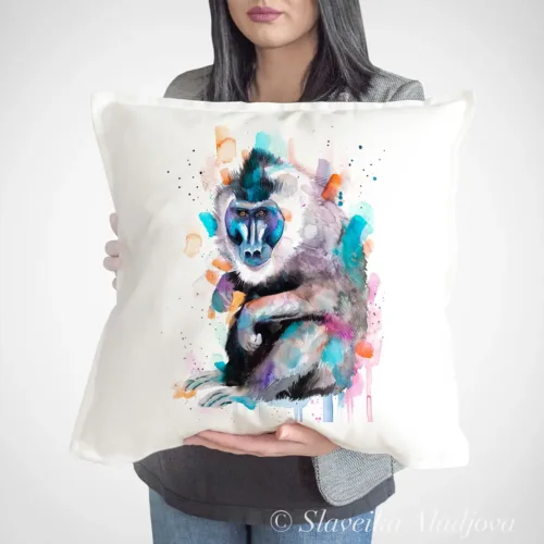 Drill Monkey Art Pillow Cover, Watercolor Cushion 50 × 50 cm Drill Monkey watercolor painting printed on a 50 x 50 cm cotton art pillow cover by Slaveika Aladjova