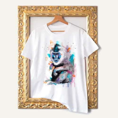 Drill Monkey T-Shirt, Watercolor Art Tee Drill Monkey watercolor painting printed on a white cotton T-shirt by Slaveika Aladjova