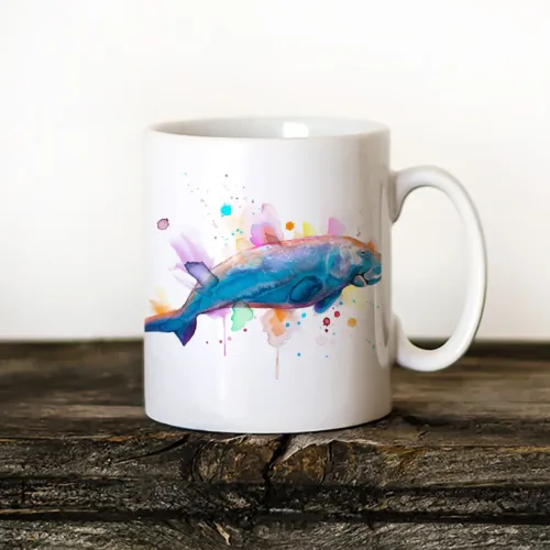 Dugong Art Mug, Watercolor Ceramic Mug 11 oz Dugong watercolor painting printed on an 11 oz ceramic art mug by Slaveika Aladjova