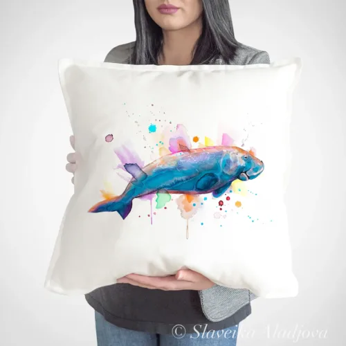 Dugong Art Pillow Cover, Watercolor Cushion 50 × 50 cm Dugong watercolor painting printed on a 50 x 50 cm cotton art pillow cover by Slaveika Aladjova
