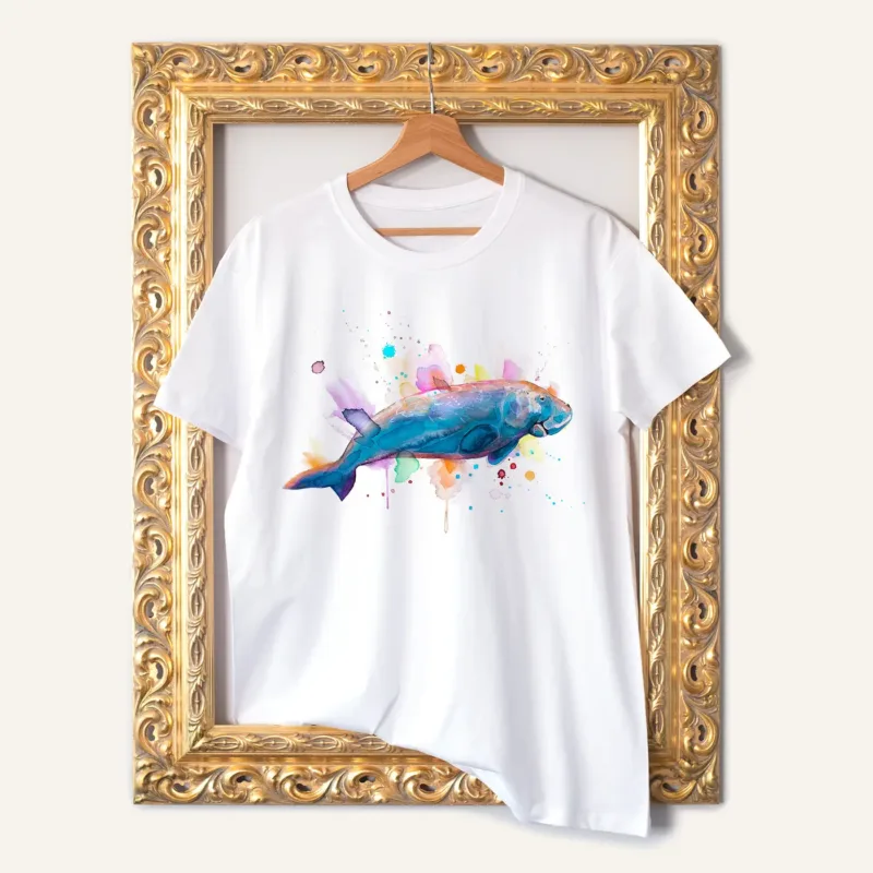 Dugong watercolor painting printed on a white cotton T-shirt by Slaveika Aladjova