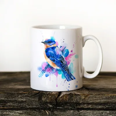 Eastern Bluebird watercolor painting printed on an 11 oz ceramic art mug by Slaveika Aladjova