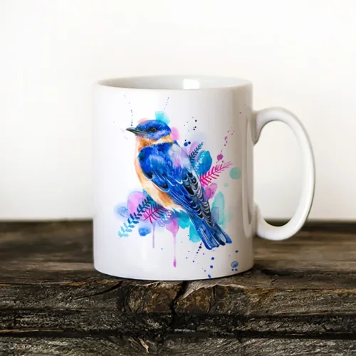 Eastern Bluebird Art Mug, Watercolor Ceramic Mug 11 oz Eastern Bluebird watercolor painting printed on an 11 oz ceramic art mug by Slaveika Aladjova