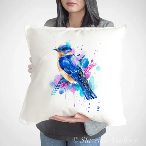 Eastern Bluebird Art Pillow Cover, Watercolor Cushion 50 × 50 cm Eastern Bluebird watercolor painting printed on a 50 x 50 cm cotton art pillow cover by Slaveika Aladjova