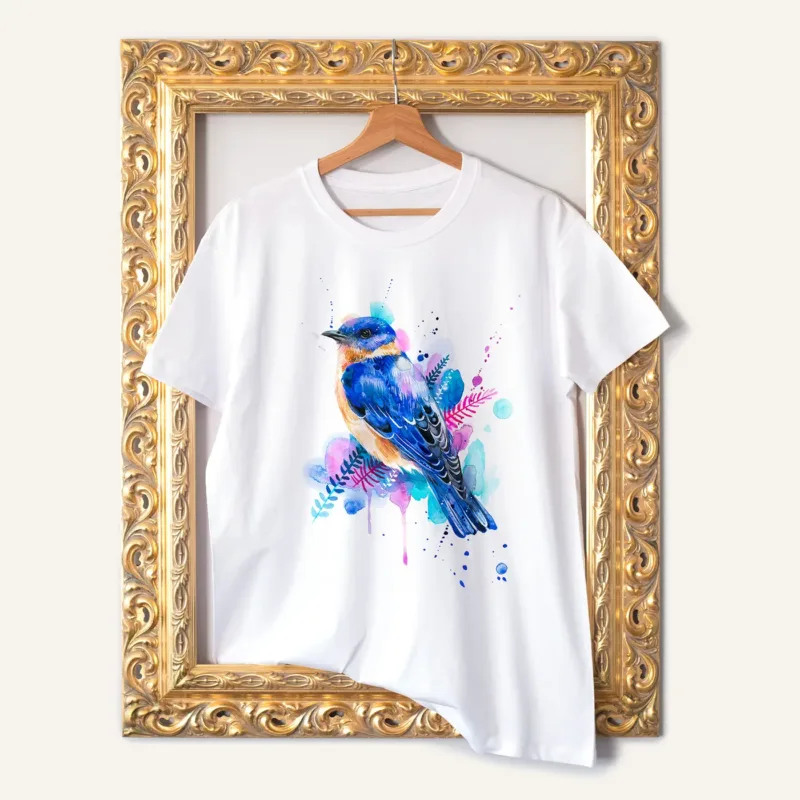 Eastern Bluebird watercolor painting printed on a white cotton T-shirt by Slaveika Aladjova