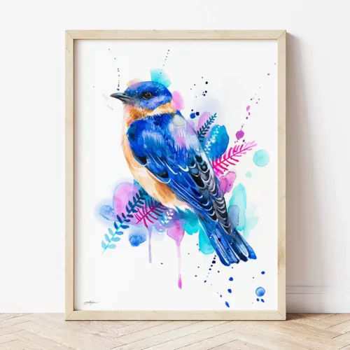 Eastern Bluebird watercolor painting the artwork on the T-shirt by Slaveika Aladjova
