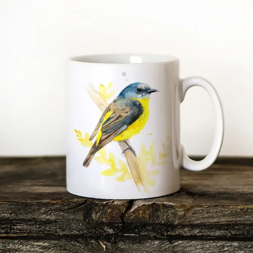 Eastern Yellow Robin Art Mug, Watercolor Ceramic Mug 11 oz Eastern Yellow Robin watercolor painting printed on an 11 oz ceramic art mug by Slaveika Aladjova