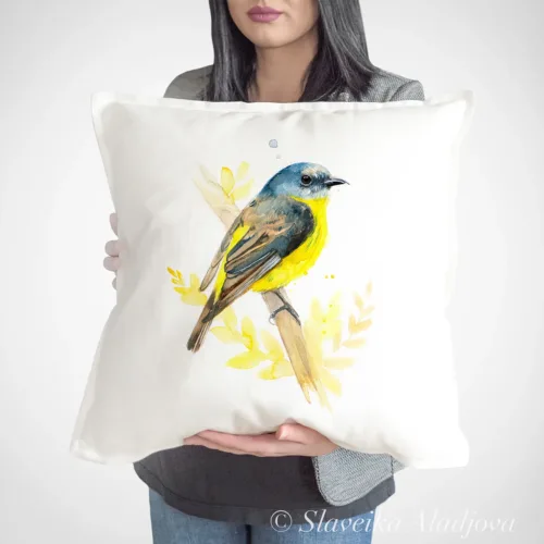Eastern Yellow Robin Art Pillow Cover, Watercolor Cushion 50 × 50 cm Eastern Yellow Robin watercolor painting printed on a 50 x 50 cm cotton art pillow cover by Slaveika Aladjova