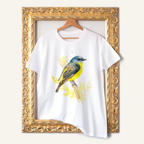 Eastern Yellow Robin T-Shirt, Watercolor Art Tee Eastern Yellow Robin watercolor painting printed on a white cotton T-shirt by Slaveika Aladjova