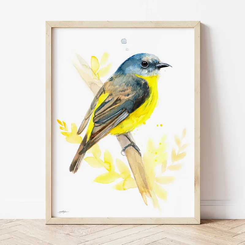 Eastern Yellow Robin watercolor painting the artwork on the T-shirt by Slaveika Aladjova