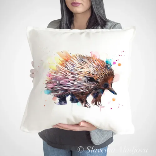 Echidna Art Pillow Cover, Watercolor Cushion 50 × 50 cm Echidna watercolor painting printed on a 50 x 50 cm cotton art pillow cover by Slaveika Aladjova