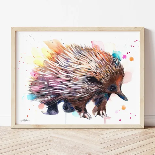 Echidna watercolor painting the artwork on the T-shirt by Slaveika Aladjova
