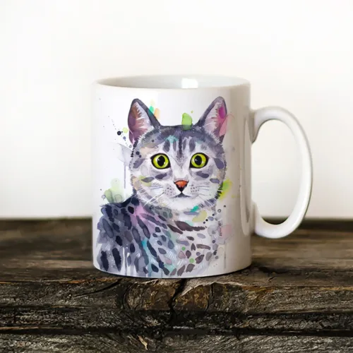 Egyptian Mau Cat Art Mug, Watercolor Ceramic Mug 11 oz Egyptian Mau Cat watercolor painting printed on an 11 oz ceramic art mug by Slaveika Aladjova