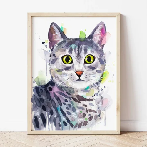 Egyptian Mau Cat watercolor painting the artwork on the T-shirt by Slaveika Aladjova