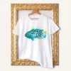 Electric Blue Jack Dempsey watercolor painting printed on a white cotton T-shirt by Slaveika Aladjova